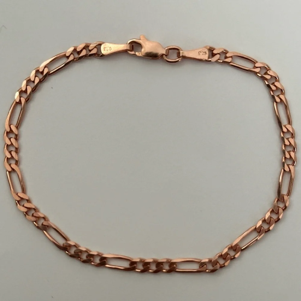 925 Silver 4mm 8” bracelet figaro chain 14k rose gold plated unisex